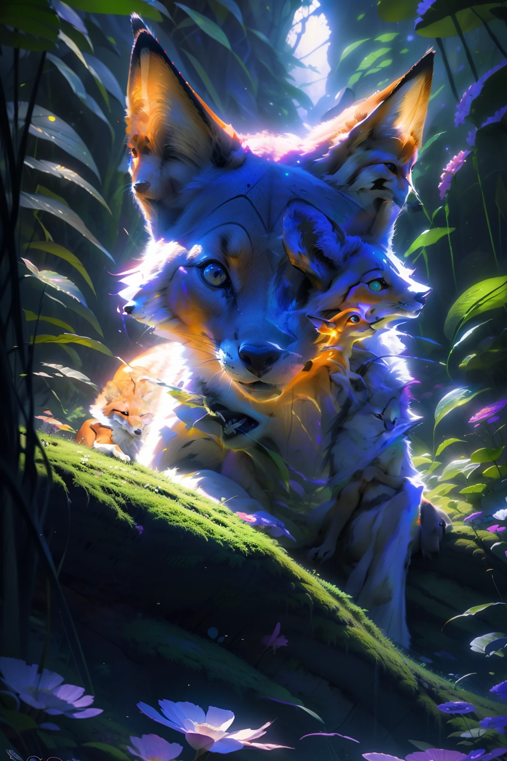 Antro Raposa realista de cores vivas iriscente com olhos brilhantes e cauda brilhante, ultra realistic antropomorph ethereal fox, raposa digital iriscente, arte de fantasia digital colorida, arte digital luminescente, Arte digital altamente detalhada em 4k, 8k arte impressionante, Arte bonita UHD 4K, Arte digital detalhada em 4k,