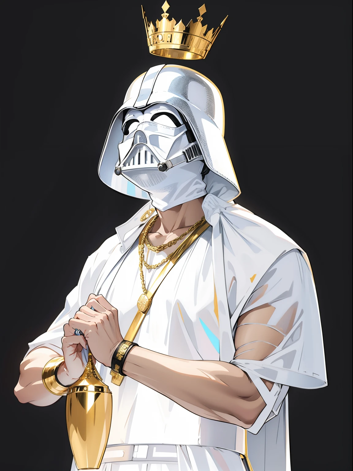White darth vader with golden accessories, coroa, bolsa dourada, rings, white helmet