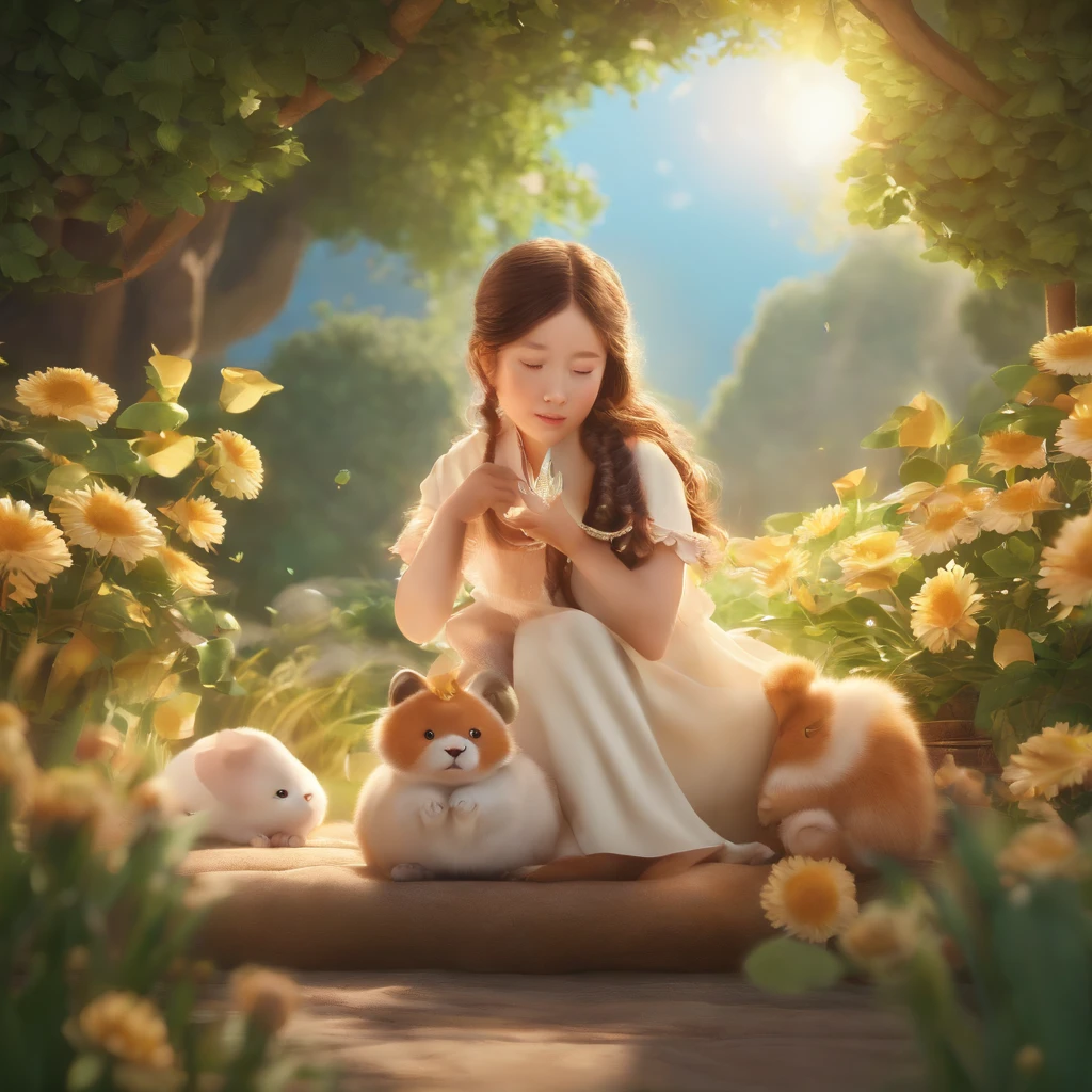 Ghibli Color,Cartoon healing,Types for s々Small animals and healing lines,(Sunshine 1.3)Ultra-detailed graphics,Smooth skin,cinematic lighting effect,extreme light and shadows,Extreme light tracking,Warmly lit,Harmony you are calm