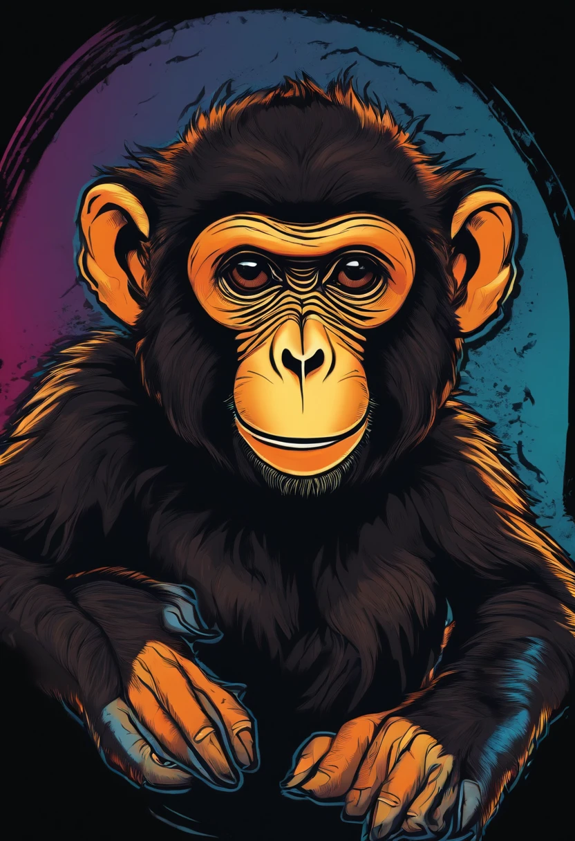 /imagine prompt: hiphop monkey illustration for a sticker with a black background, in bold outline style, jagged edges, trashcore, light shading --v 5.2