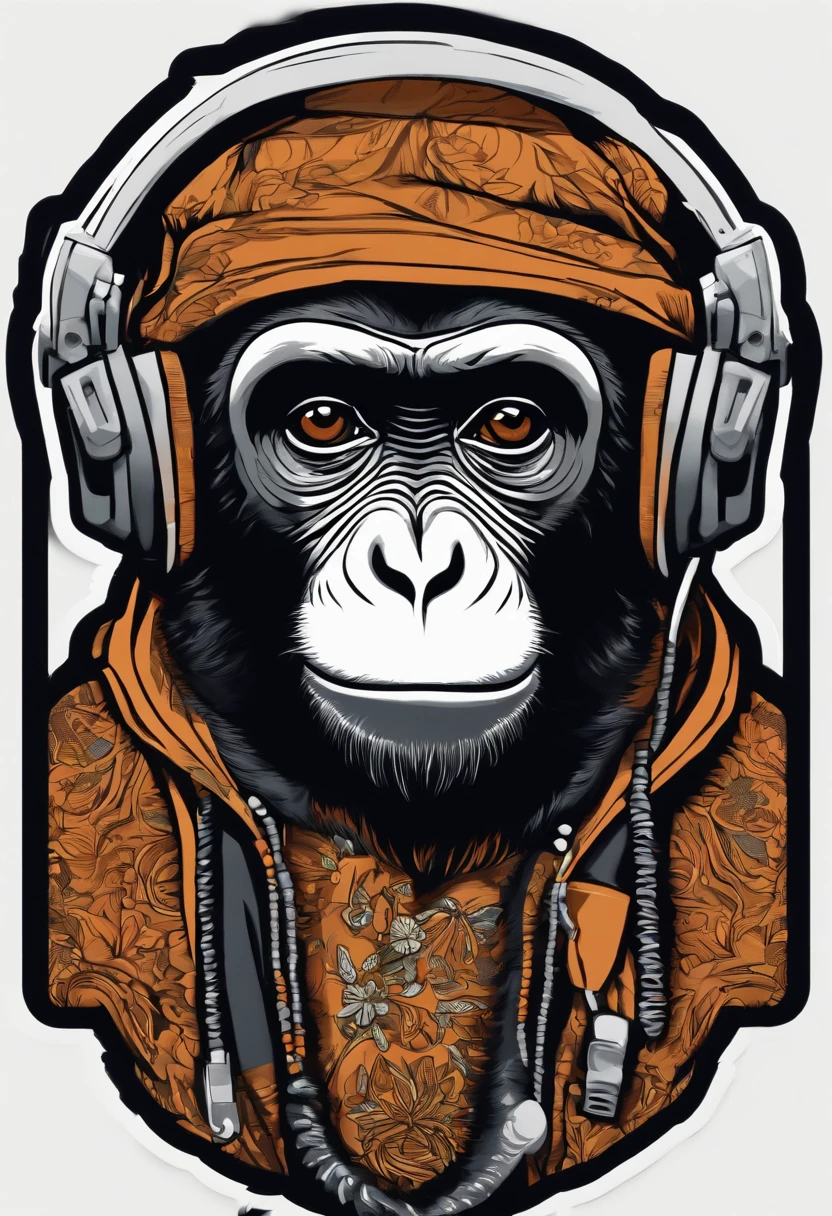 /imagine prompt: hiphop monkey illustration for a sticker with a black background, in bold outline style, jagged edges, trashcore, light shading --v 5.2