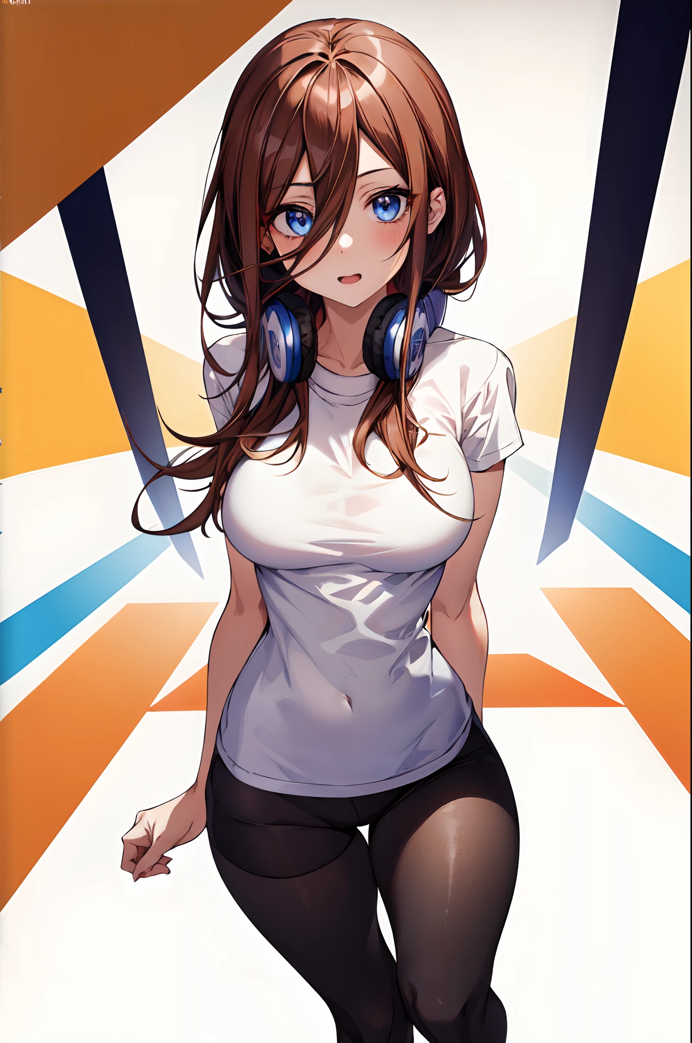 absurdres, best quality, 1girl, solo, focused eyes, looking at viewer, Miku, (??????????? t-shirt), brown hair, standing, body straight,