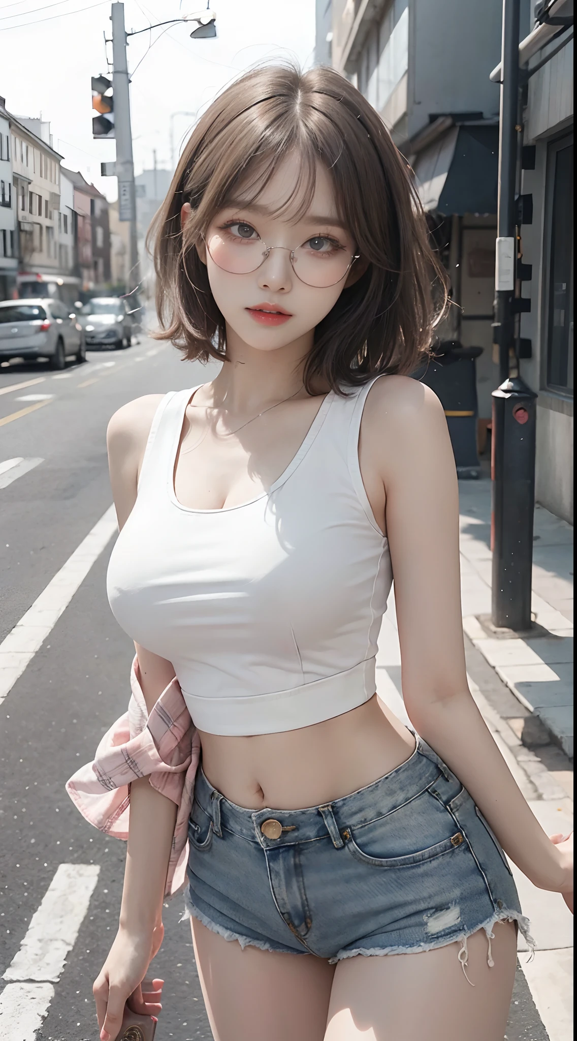 Top image quality、Raw photography、超A high resolution、18-year-old Korean、Glasses beauty、Colossal tits:1.5、cleavage of the breast:1.5、Healthy complexion、shiny white skin、(short bobbed hair)、((Light brown silver hair))、Beautiful eyes with random colors、very thin lips、beautiful eyes finely detailed、elongated eyes、pale pink blush、long eyeslashes、Beautiful double eyelids、eyeshadows、耳Nipple Ring、(Fashionable glasses、White tight tank top、denim short pants、Beautiful legs、Attractive thighs)、street snap、Moderate thickness