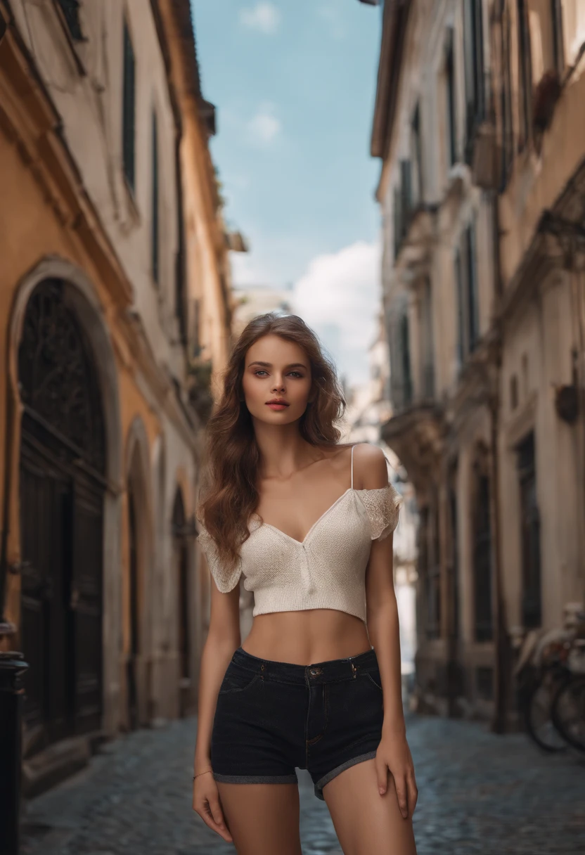 photorealistic, best quality, 1girl, solo, a super beautiful girl, , skinny figure, ultra detailed face, deeply impressive bright eyes, glossy plump ruddy lips, shiny smooth pale skin, extremely long limbs, impossibly constricted waist, slender fit legs, casual summer fashion, walking on the street of the old town