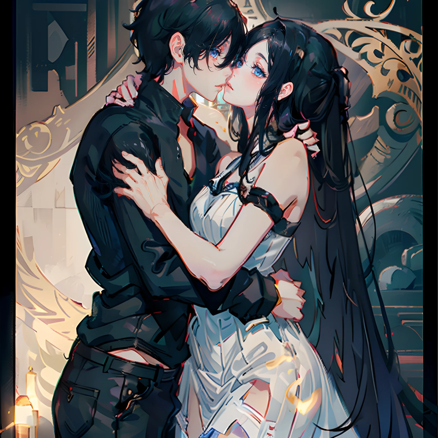 (1girl and 1boy),(girl in dress),(kissing),(girl beautiful long black hair),(girl embarrassed:0.6),(boy short hair)