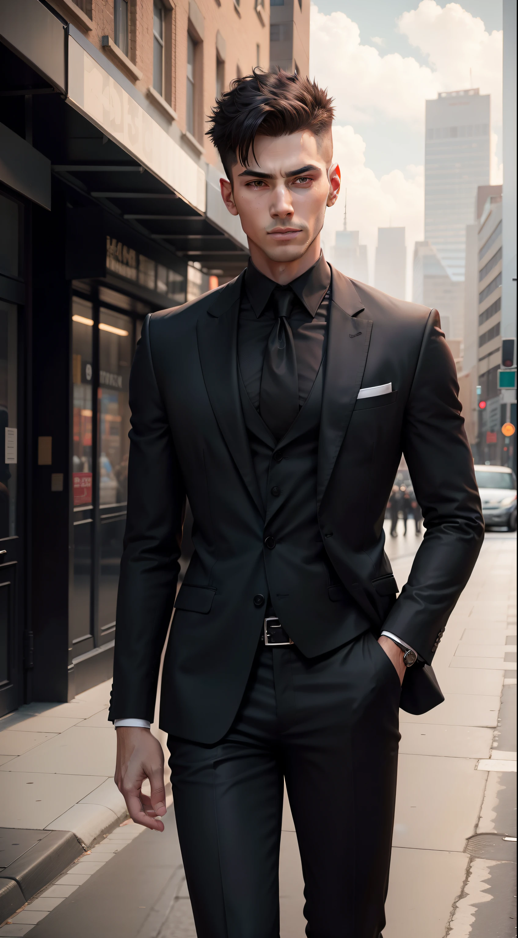 handsome short spike hair man wearing black suit in city