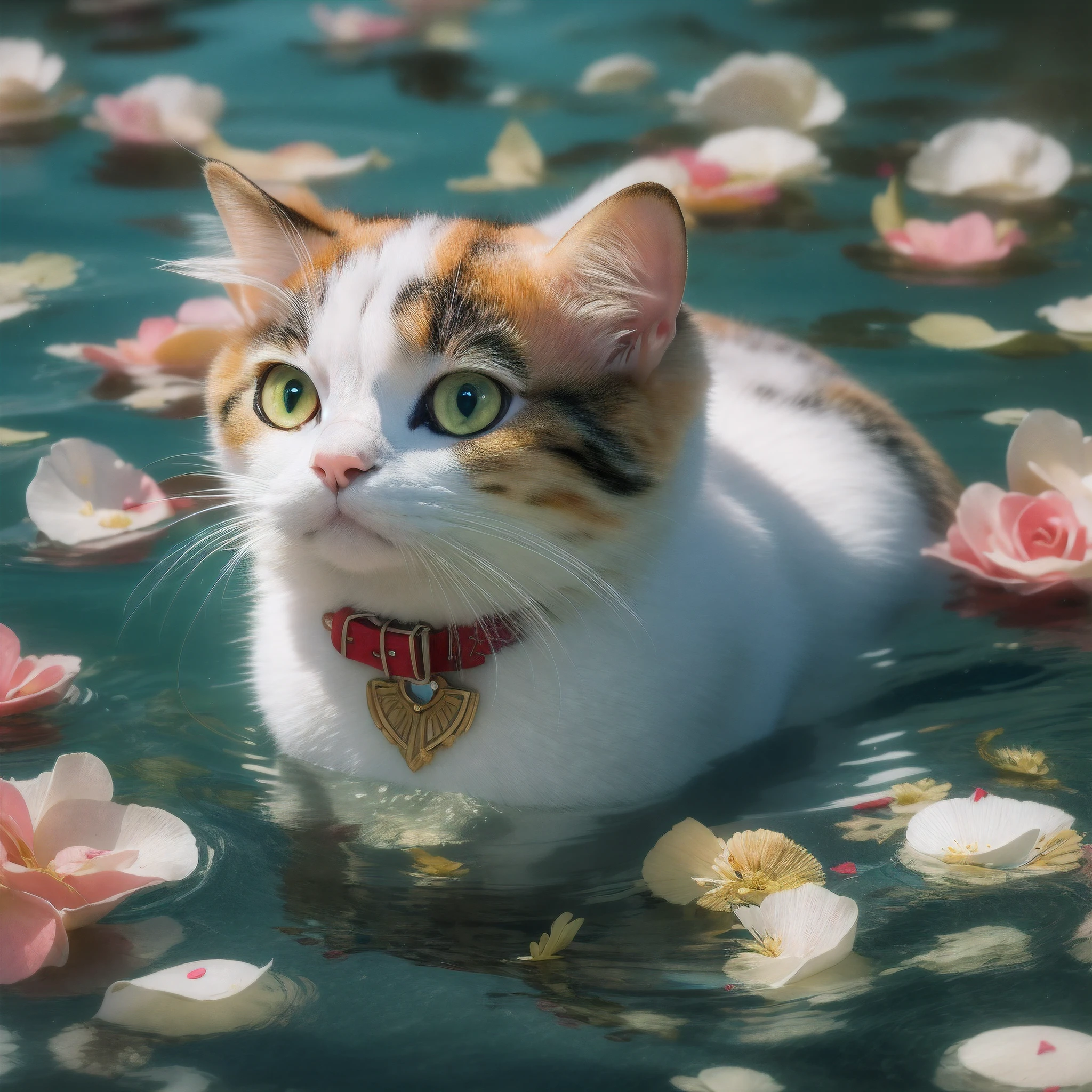 Unbeatable masterpiece，Ultra-realistic 8K CG，Perfect artwork，Cute cats，calico cat，Swim in the bath，Surrounded by water and rose petals，short hairs，shaggy，Very rich in detail，astonishing detail，Very clear hair，perfect  eyes，Perfect paws，Perfect tail