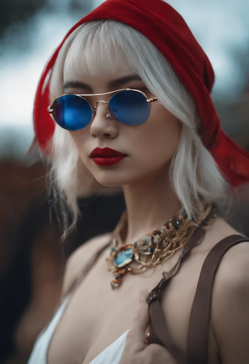 (8k, RAW photo, best quality, masterpiece:1.4),realistic,(lips closed)1girl, eyewear on head, solo, heterochromia, breasts, blue eyes, looking at viewer, sunglasses, jewelry, red eyes, earrings, white hair, lips, upper body, hair ornament, hair between eyes, bare shoulders, red lips, large breasts, ponytail, neon lights, closed mouth, bangs,<lora:Asian girls faceV2:0.75
