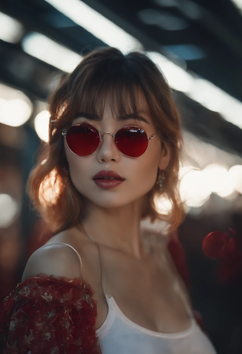 (8k, RAW photo, best quality, masterpiece:1.4),realistic,(lips closed)1girl, eyewear on head, solo, heterochromia, breasts, blue eyes, looking at viewer, sunglasses, jewelry, red eyes, earrings, white hair, lips, upper body, hair ornament, hair between eyes, bare shoulders, red lips, large breasts, ponytail, neon lights, closed mouth, bangs,<lora:Asian girls faceV2:0.75