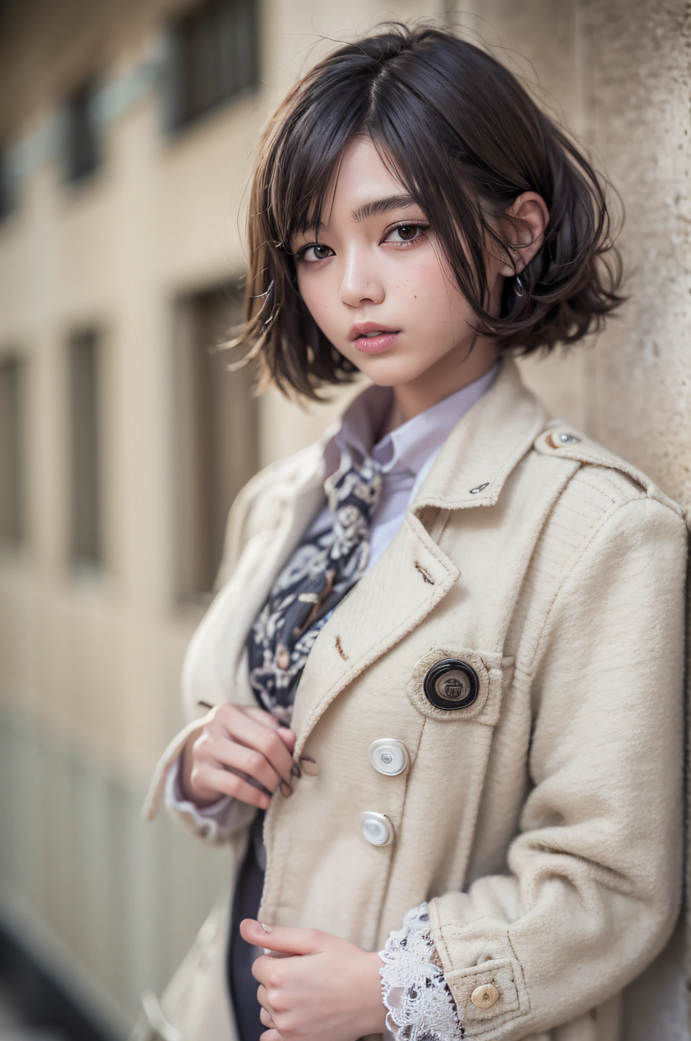 ((masterpiece)), best quality, extremely detailed face, ultra high res, (photorealistic:1.4), Amazing, finely detail, huge filesize, correct exposure, 1girl, svelte body, 162cm height, (intricate details), SOLO, looking at viewer, perfect lighting, realistic, lips, blush, shiny skin, fair skin,extremely detailed face, beautiful detailed eyes, (detail skin:1.2), makeup, depth of view, ((school uniform, overcoat,black stocking,leather shoes,)),full body, standing,