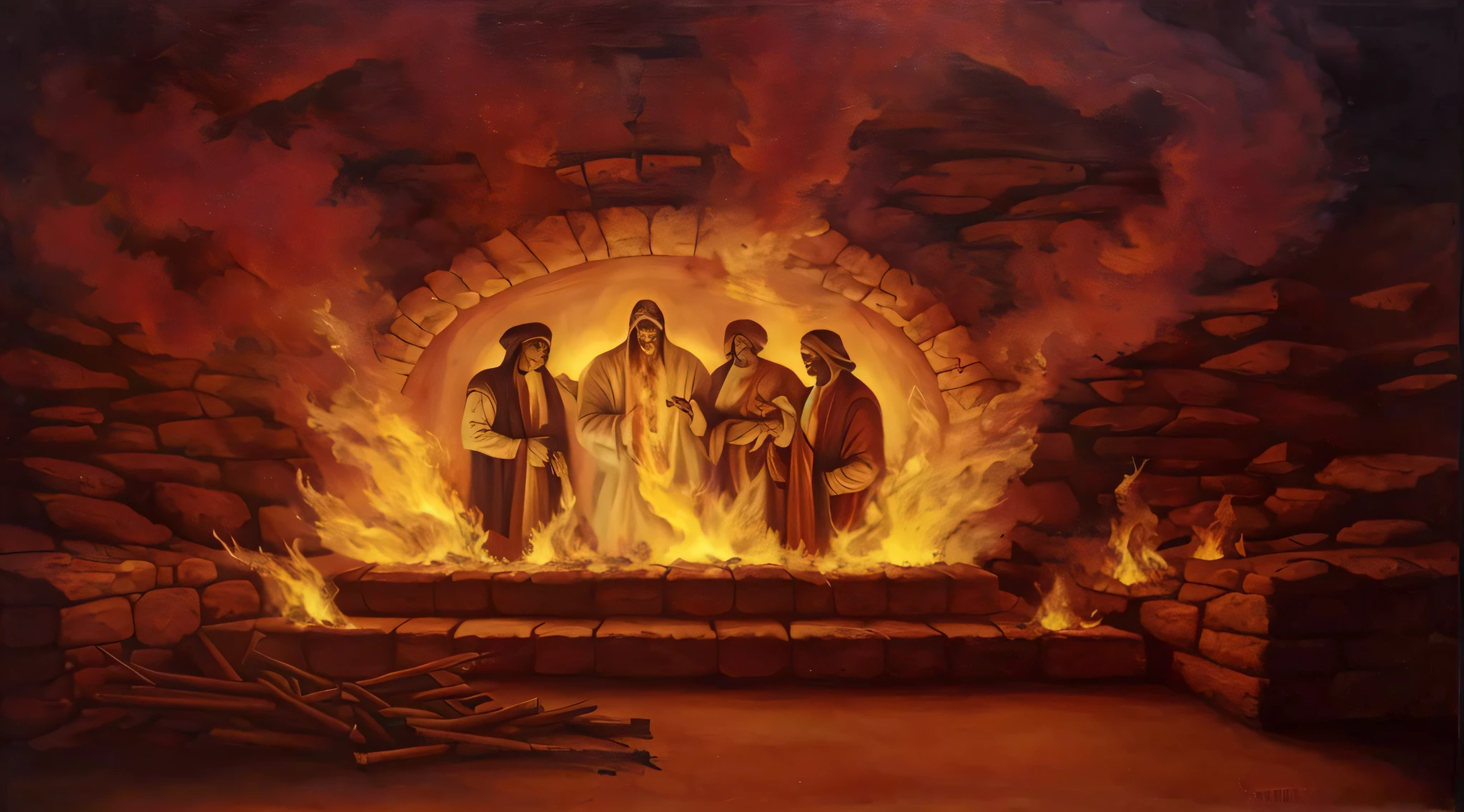 pintura de quatro homens dentro de uma fogueira, holy fire spell art, A Grande Porta do Inferno, the three marys at the sepulchre, Pintura do Inferno de Dante, Directed by: Jason Benjamin, Um portal para o Reino da Chama Perdida, Portal para o inferno, queimando no inferno, O fogo nascido, fire, saindo das chamas, holy flame spell