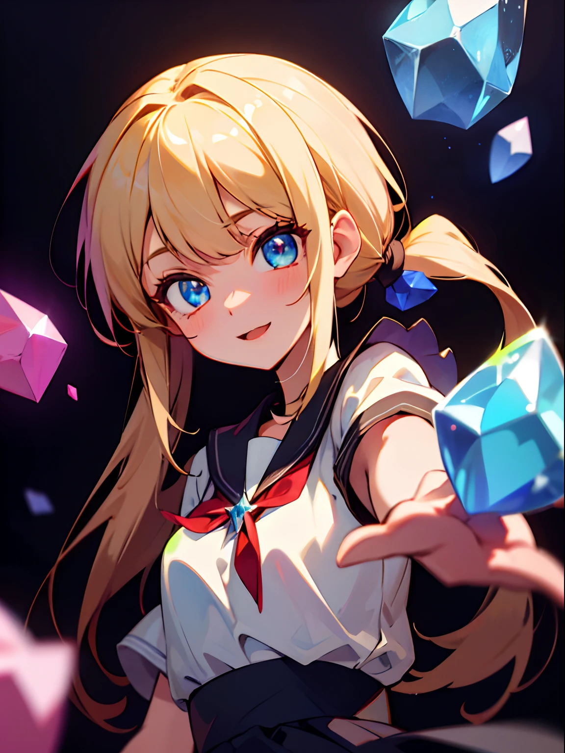 portlate、School Uniforms、bright expression、poneyTail、Young shiny shiny white shiny skin、Best Looks、Platinum blonde hair with dazzling highlights、shiny light hair,、Super long silky straight hair、Beautiful bangs that shine、Double eyelids、eye liner、Crystal clear big blue eyes that shine attractively、a small face、Very beautiful nice cute 16 year old Nordic girl、Lush bust