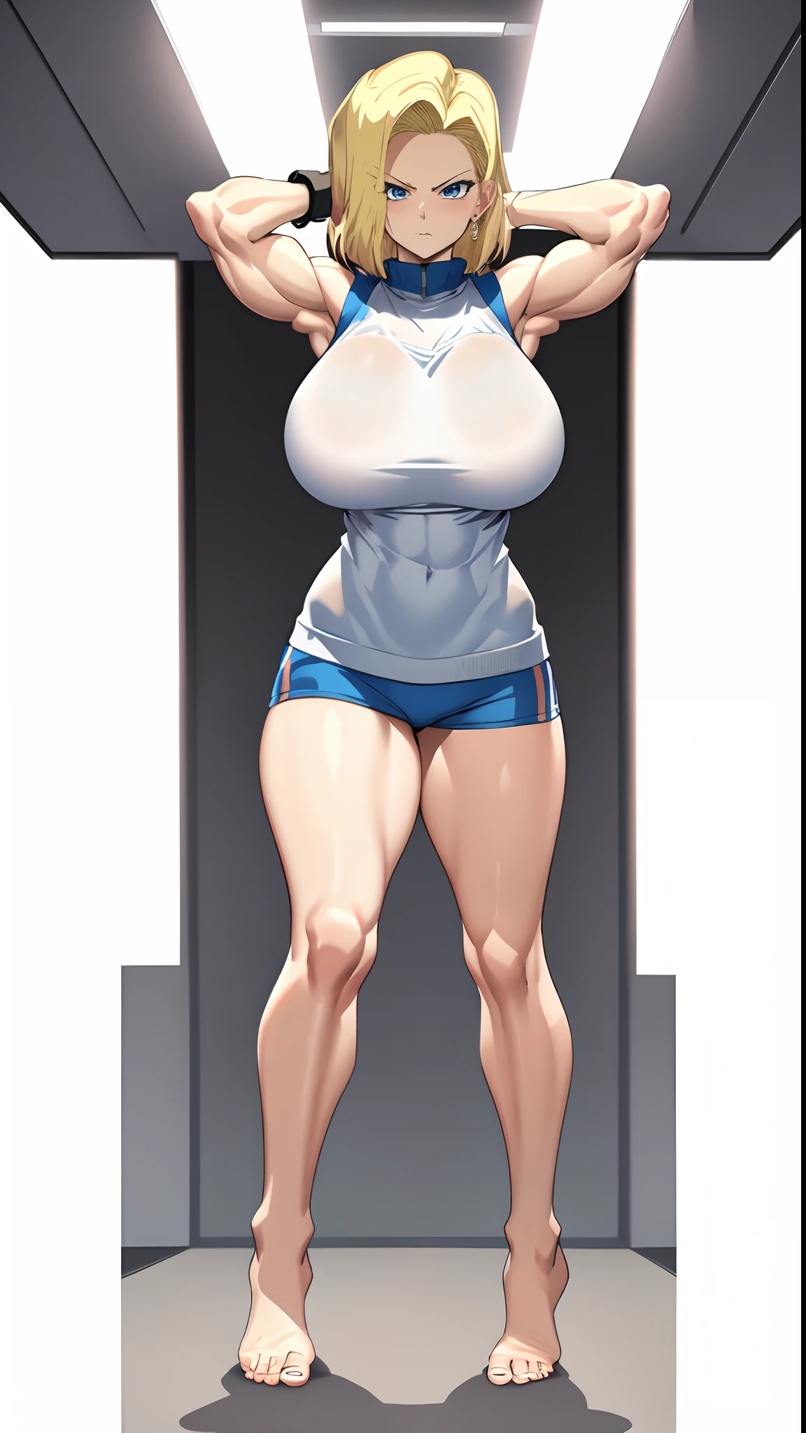 character 8k symmetrical, anime girl, blond hair, blond short hair, blue eyes, (((muscular))), huge breasts, thick thighs, solo, angry, (pale skin), running, working out, gym, erotic, bare feet, white background, android 18