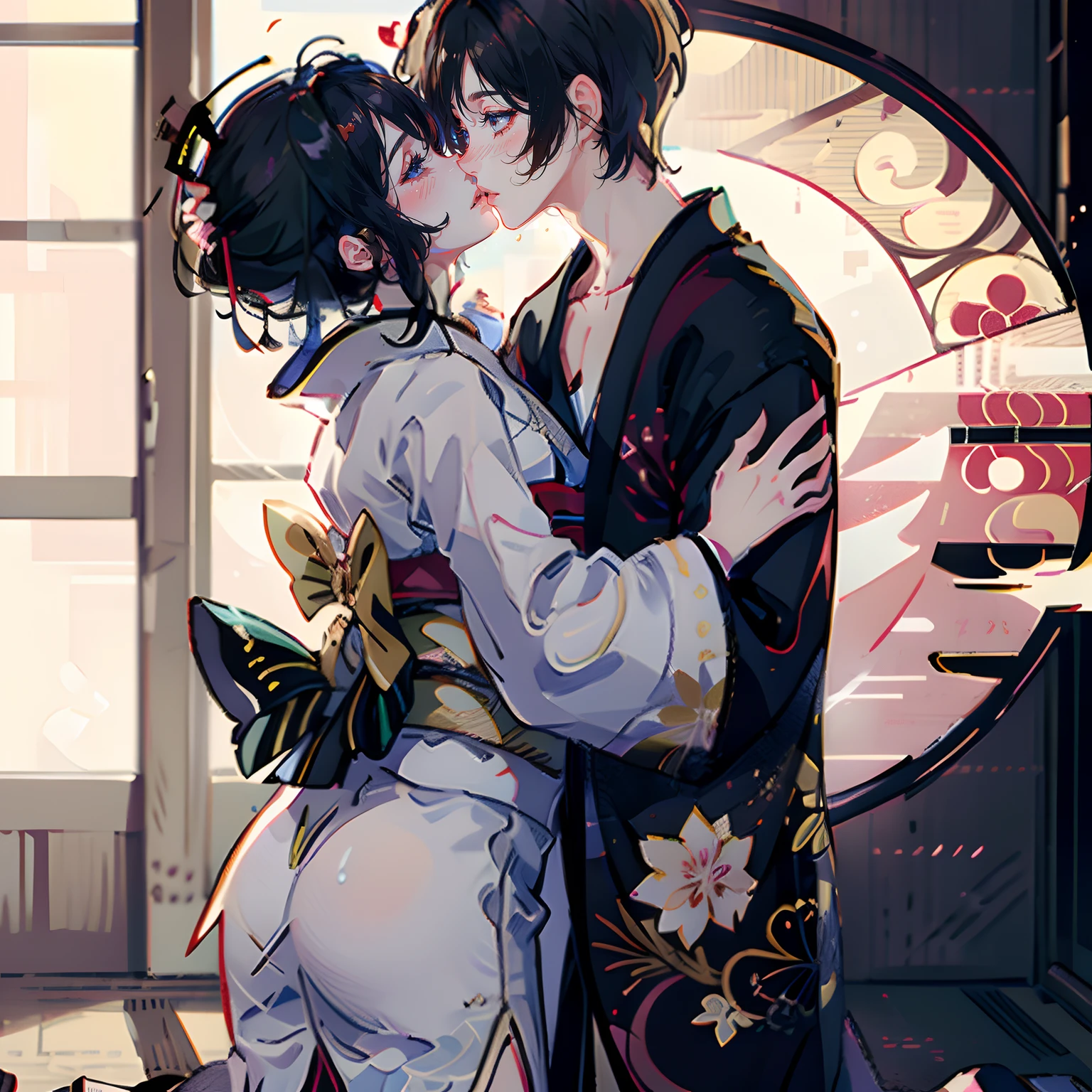 (1girl and 1boy),(both in kimono),(kissing)