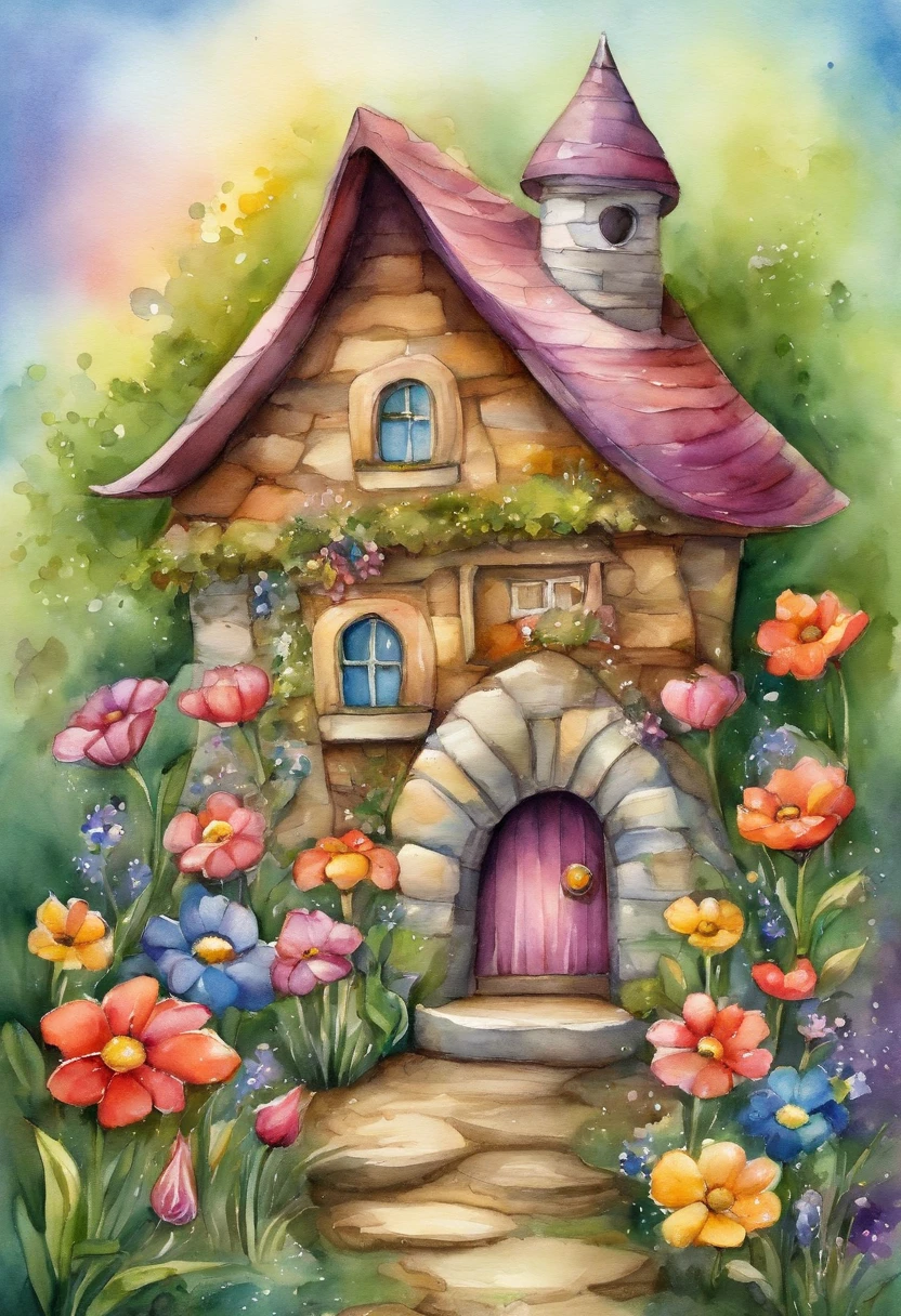 a colorful illustration of a fairy house surrounded by flowers. The house should be pink with a windmill on the roof. The flowers should be a variety of colors, including roses, lilies, and tulips. The house should be surrounded by a rainbow. The overall feel of the image should be whimsical and magical?
