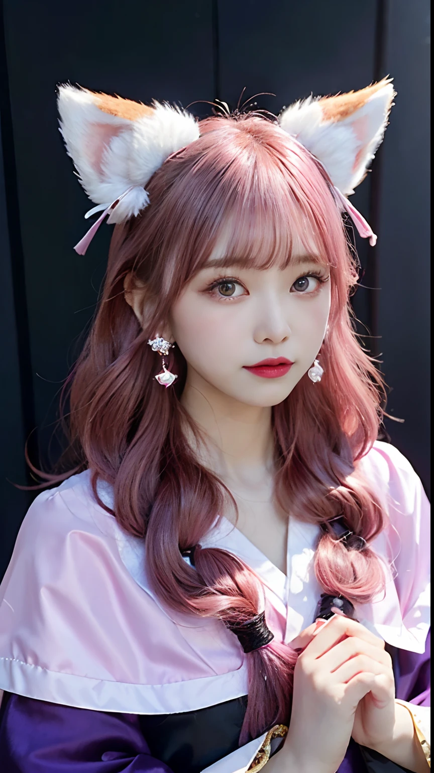 Yae Miko，It gives the feeling of an adult woman，She has pink eyes and crumbs in her eyes，Her long silky pink hair was tied up at the ends，Fox ears, Symbolizes his status as a divine messenger, They are earrings set with purple gemstones all year round...