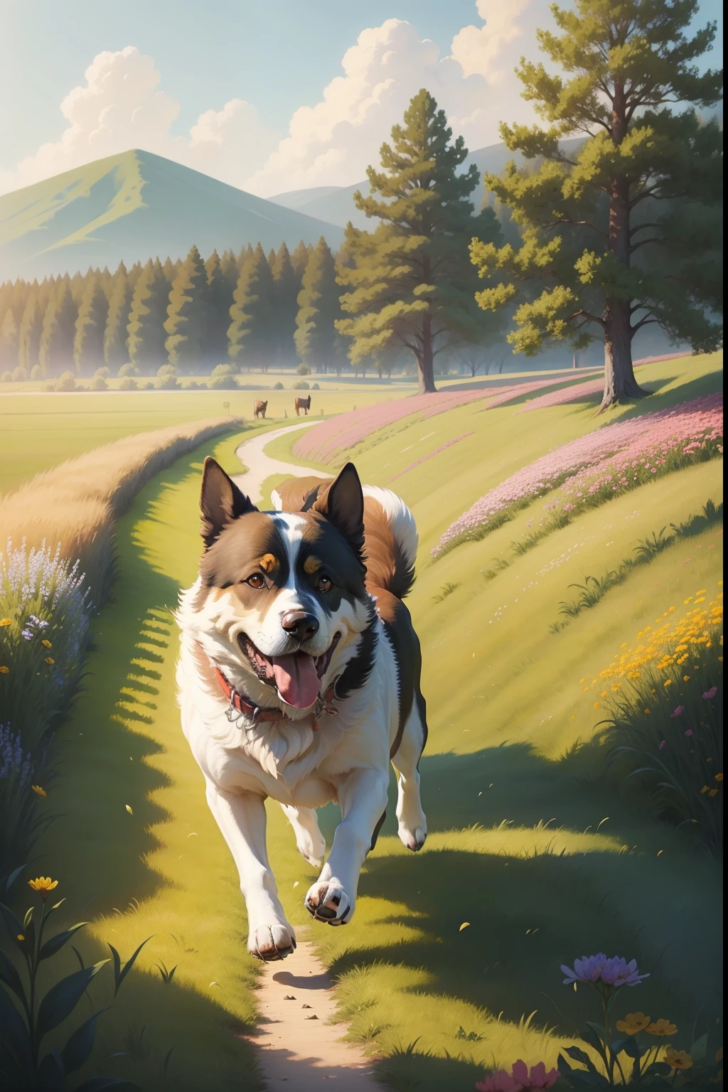 A painting of a springtime landscape, green grass, wild flowers, a dog running, early morning light.