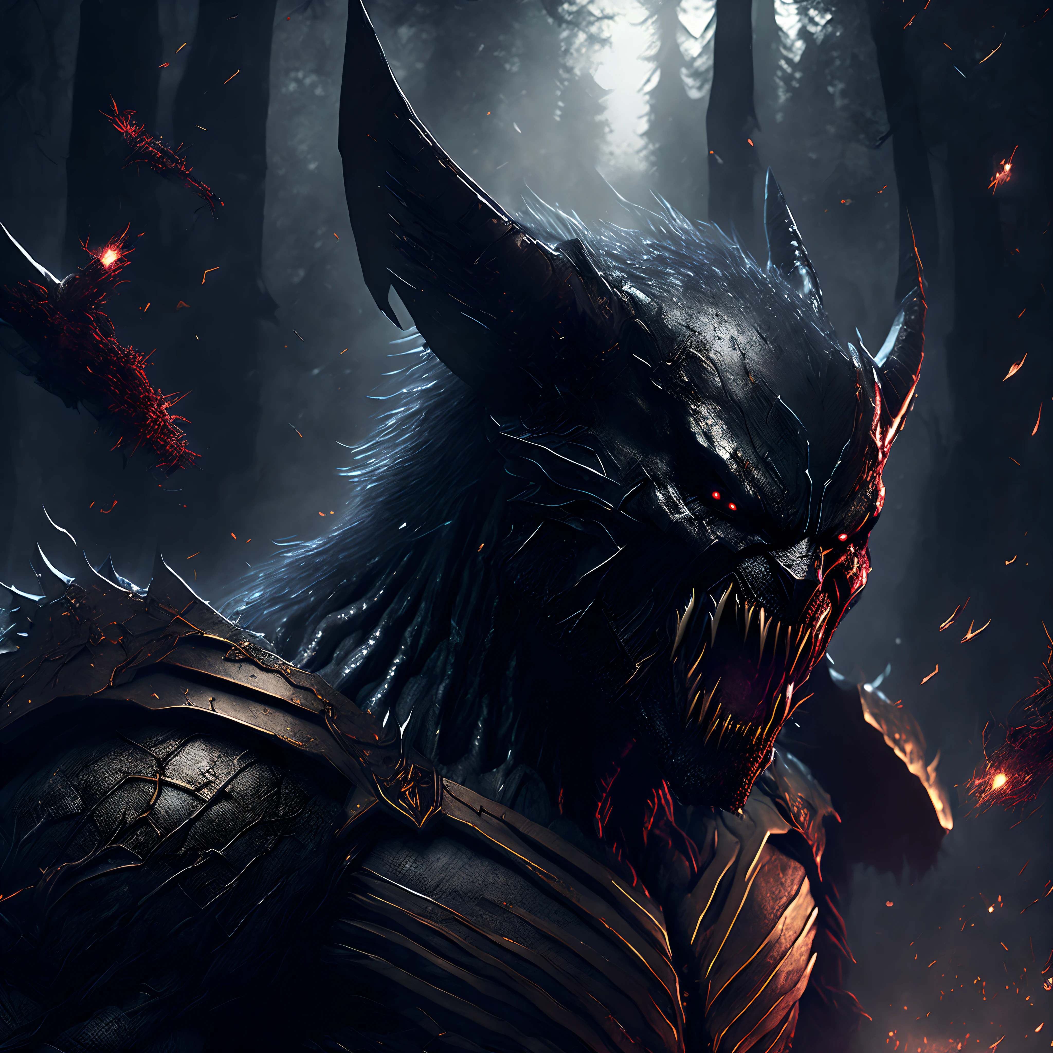 Close-up ( monster Wolverine from DC in Goth style: 1.3) emerging from the Evil wolverine forest, extremely detailed, blood on the mouth, smoke, sparks, metal shavings, flying debris, volumetric light