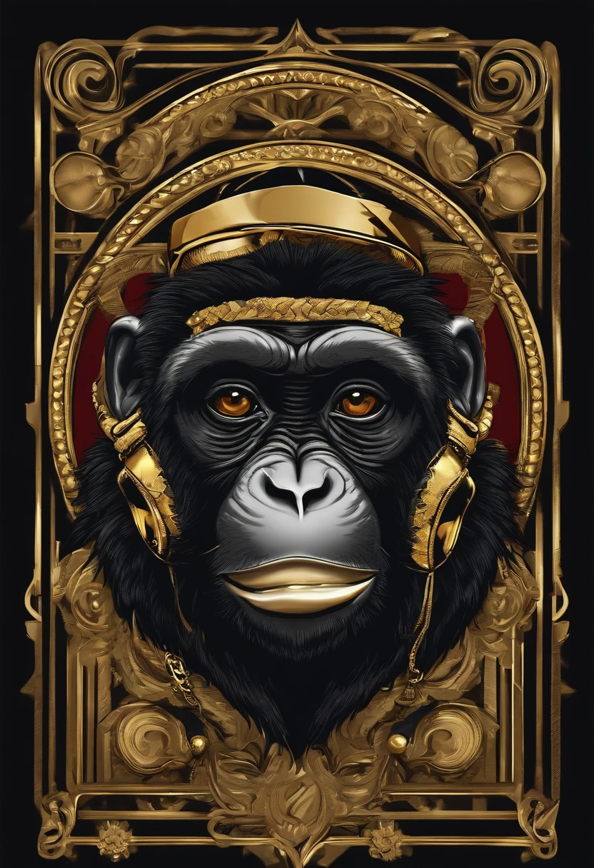 /imagine prompt: hiphop monkey illustration for a sticker with a black background, gold chain, in bold outline style, jagged edges,