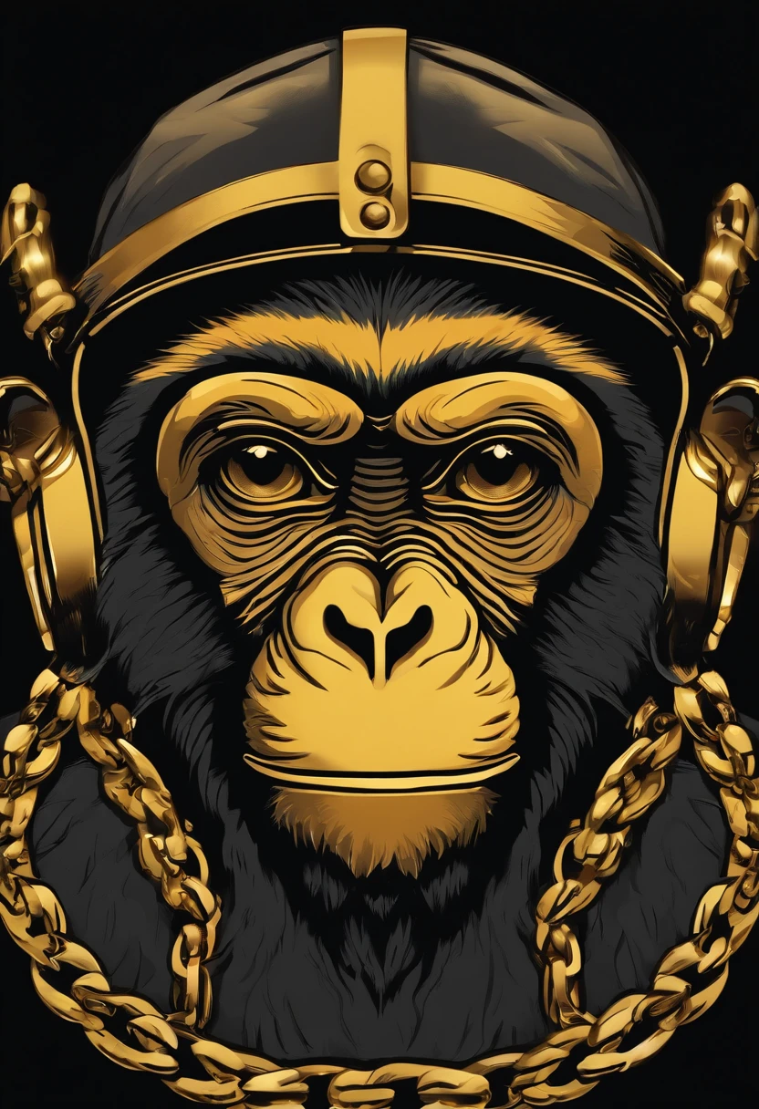 /imagine prompt: hiphop monkey illustration for a sticker with a black background, gold chain, in bold outline style, jagged edges,