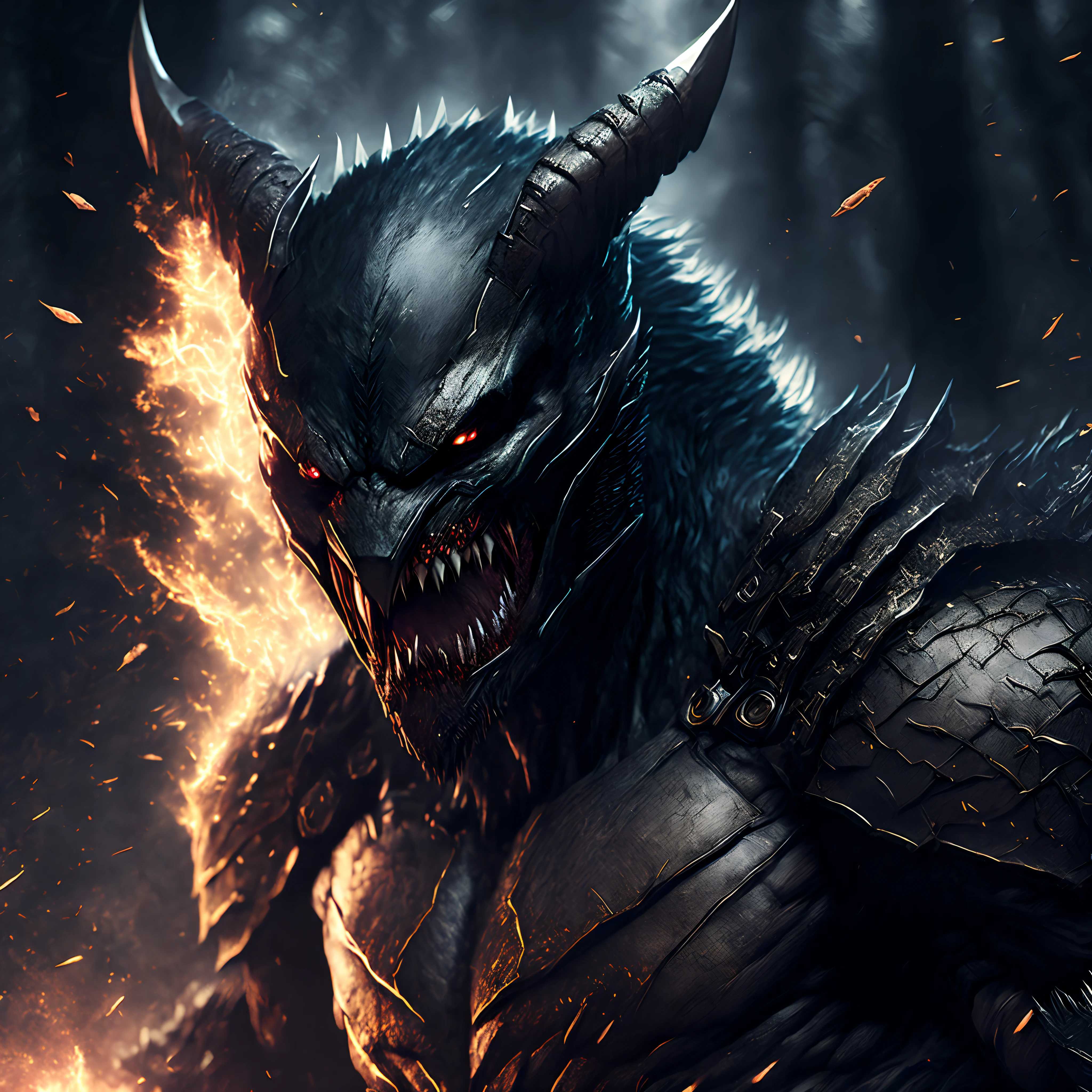 Close-up ( monster Wolverine from DC in Goth style: 1.3) emerging from the Evil wolverine forest, extremely detailed, blood on the mouth, smoke, sparks, metal shavings, flying debris, volumetric light
