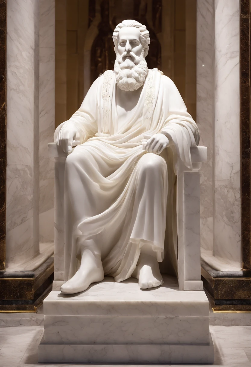 White marble statue of bust of wise man with the style of the bearded Greek philosopher in the museum. Atmosfera escura, alto contraste de luz e sombra, fotografia profissional, utrarealista, Light Volumetric, cinemactic