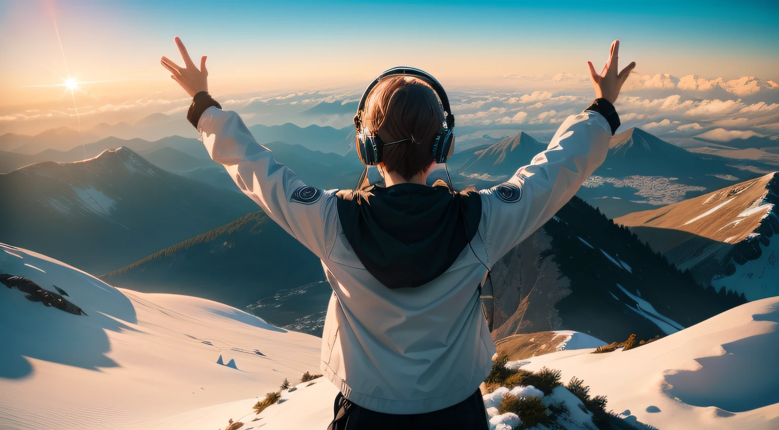 A person with a headset standing on top of a mountain facing the city, with arms open and face turned to the sky. O sol nascente cria um halo suave ao redor dela, symbolizing the connection to the present moment