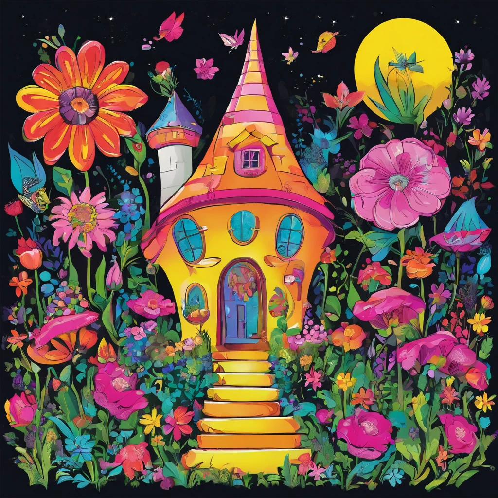 a colorful illustration of a fairy house surrounded by flowers. The house should be pink with a windmill on the roof. The flowers should be a variety of colors, including roses, lilies, and tulips. The house should be surrounded by a rainbow. The overall feel of the image should be whimsical and magical. black background.