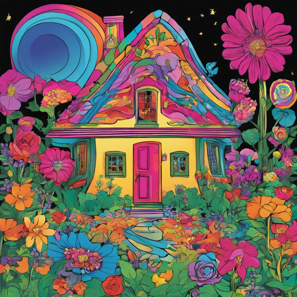 a colorful illustration of a fairy house surrounded by flowers. The house should be pink with a windmill on the roof. The flowers should be a variety of colors, including roses, lilies, and tulips. The house should be surrounded by a rainbow. The overall feel of the image should be whimsical and magical. black background.
