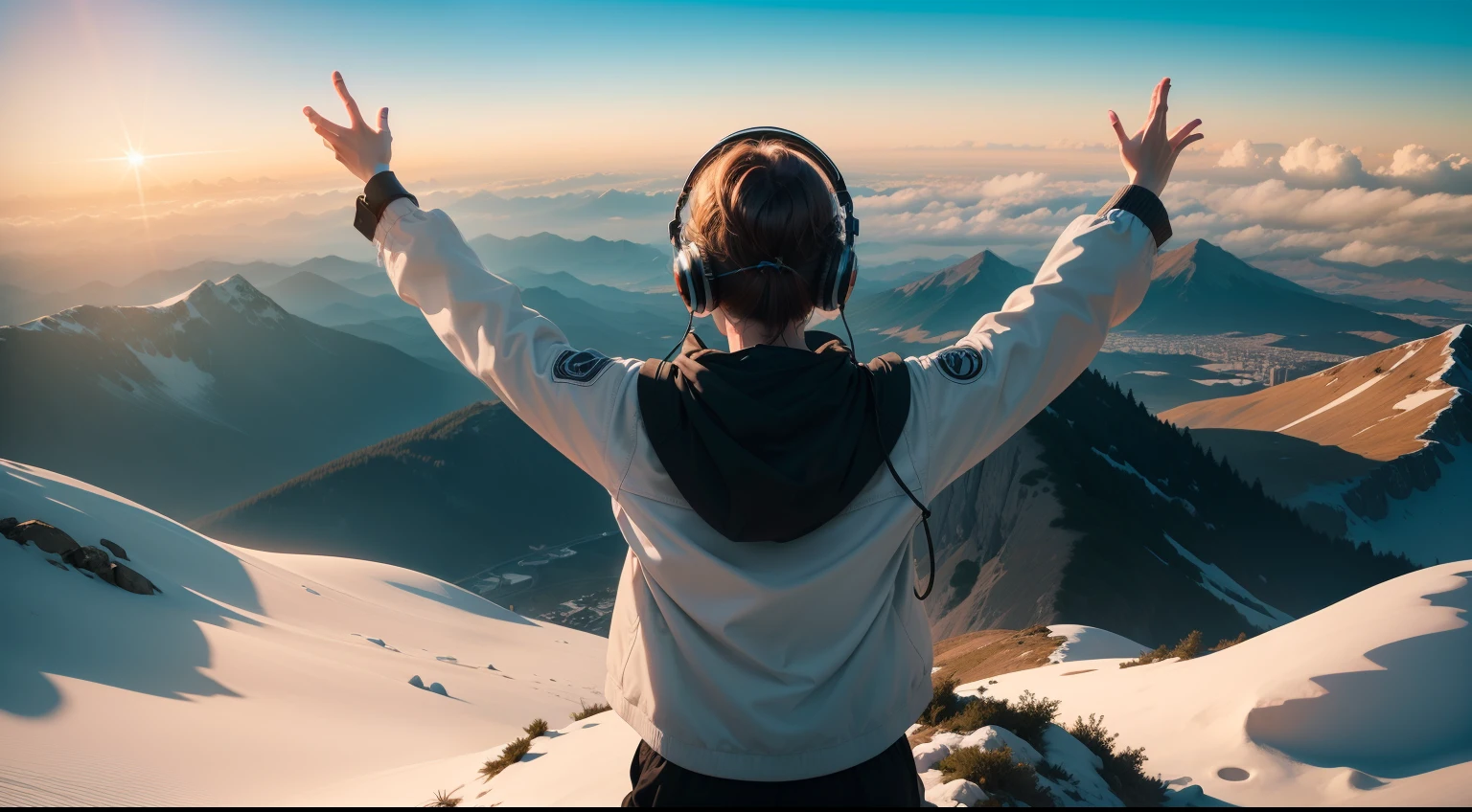 A person with a headset standing on top of a mountain facing the city, with arms open and face turned to the sky. O sol nascente cria um halo suave ao redor dela, symbolizing the connection to the present moment