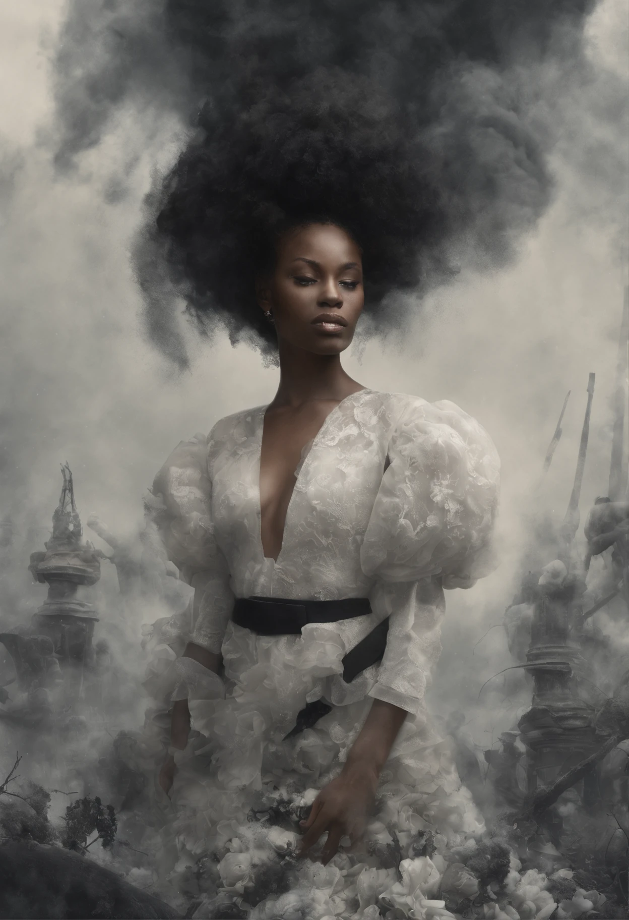 intricate detailed insanely beautiful black woman, melting wax, mycelia, abstract expressionism,white and black color scheme, surrealism, ruan jia, white background,fantasy, hyper detailed, concept art, by edmund dulac,and cy twombly and irakli nadar,by jackson pollock, isometric, digital art, smog, pollution, toxic waste, chimneys and railroads, 3 d render, octane render, volumetrics, by greg rutkowski