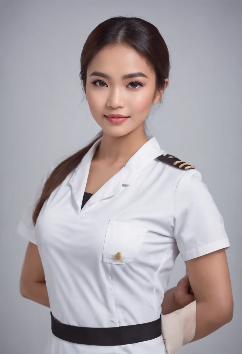 Beautiful young malay girl in very tight nurse uniform with sexy pose, professional photography, studio background, professional lighting,