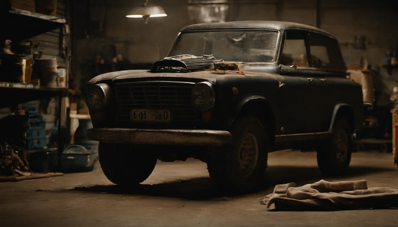 background photo,garage interior,dark interior,grimy walls,oily tools,cracked concrete floor,overhead lights,flickering lightbulbs,dusty shelves,tools hanging on hooks,workbenches with unfinished projects,metallic clangs,Efficient air vents,meticulously organized tool chest,shadows,loud echoes, no vehicles