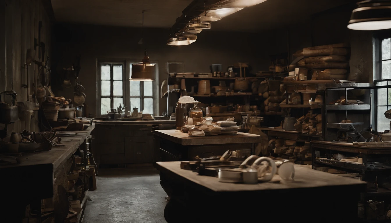 background photo,garage interior,dark interior,grimy walls,oily tools,cracked concrete floor,overhead lights,flickering lightbulbs,dusty shelves,tools hanging on hooks,workbenches with unfinished projects,metallic clangs,Efficient air vents,meticulously organized tool chest,shadows,loud echoes, no vehicles