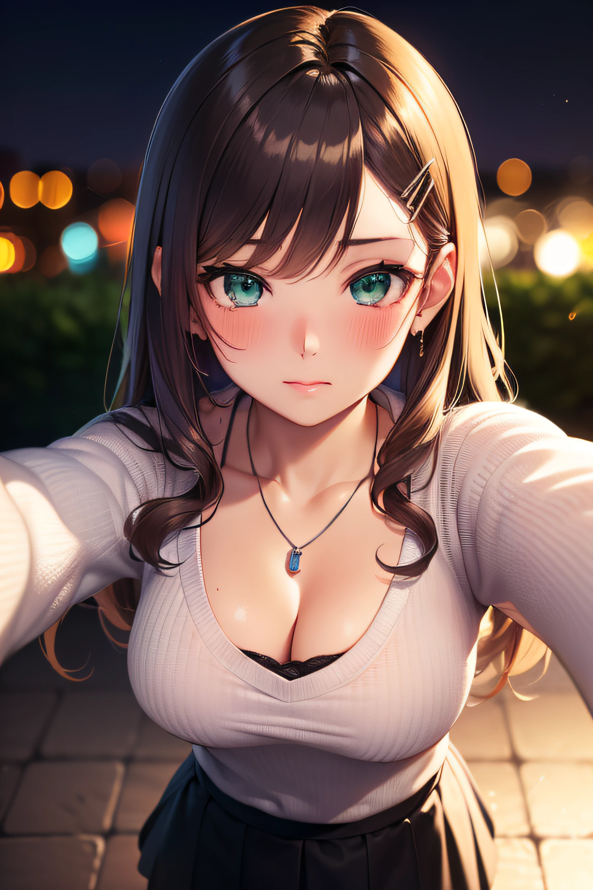 ((nsfw:1.5, masterpiece, best quality, highres, UHD, perfect pixel, depth of field, 4k, RTX, HDR))), 1girl, single, solo, beautiful anime girl, beautiful artstyle, anime character, 24 years old, ((long hair, bangs, dark brown hair, curly hair:1.2, hair pin)), ((detailed face, blushing:1.2)), ((green eyes:1.8, sparkling effect)), ((smooth texture:0.75, realistic texture:0.5, anime CG style)), ((medium breasts, cleavage)), indoor,(( dynamic poses, from top angle, hands up, open armpit)), busty, perfect body, ((pov, cute expression, portrait)), ((bikini, maroon bra, marron lingerie)), natural light, ((beautiful abs))