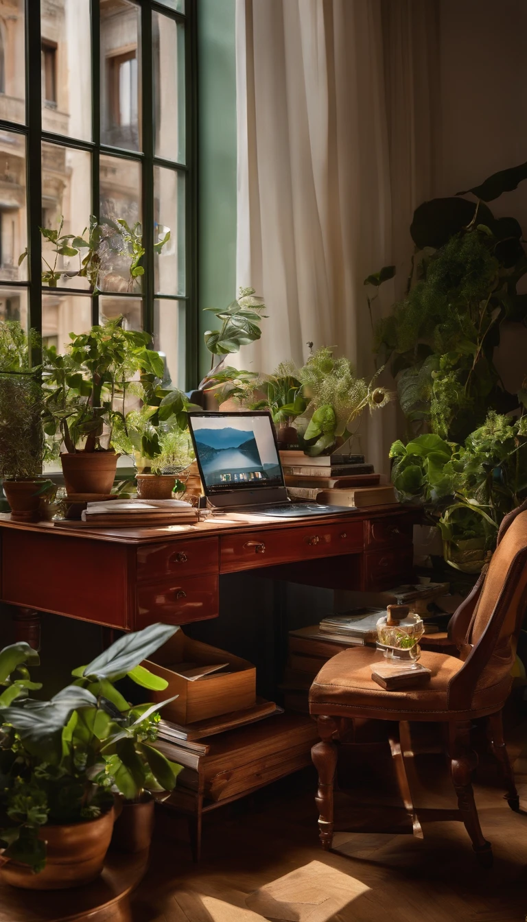 An artist's desk with plants, Books, Papier, Laptop, Regal, Drawers, mit Blick auf Madrid, Spanien