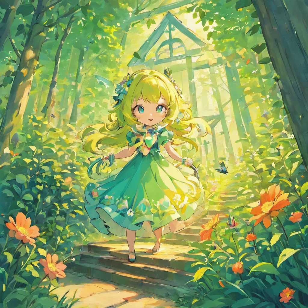 a colorful illustration of a fairy house in the center surrounded by flowers. The house should be pink with a windmill on the roof. The flowers should be a variety of colors, including roses, lilies, and tulips. The house should be surrounded by a rainbow. The overall feel of the image should be whimsical and magical. black background. Detailed lines.