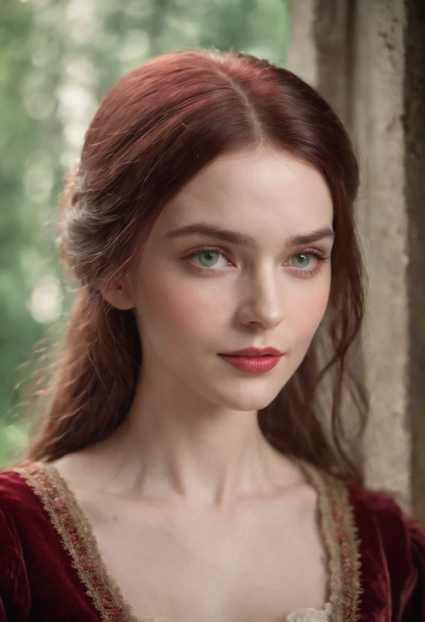 (((A deep reddish scar runs across her left cheek))) light skinned, Women around 19 years old, Natural gray hair, Distinctive green eyes, Wearing Cole, slender and graceful,, Beautiful, Candlelight in medieval atmosphere, Ultra Sharp Focus, realistic shot, Women's clothing in the Middle Ages, Tetradic color (Scar:1.4)