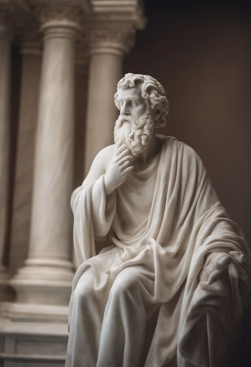 White marble statue of wise man with the style of bearded Greek philosopher in museum. atmosfera escura, fotografia profissional, utrarealista, volumetic, cinemactic