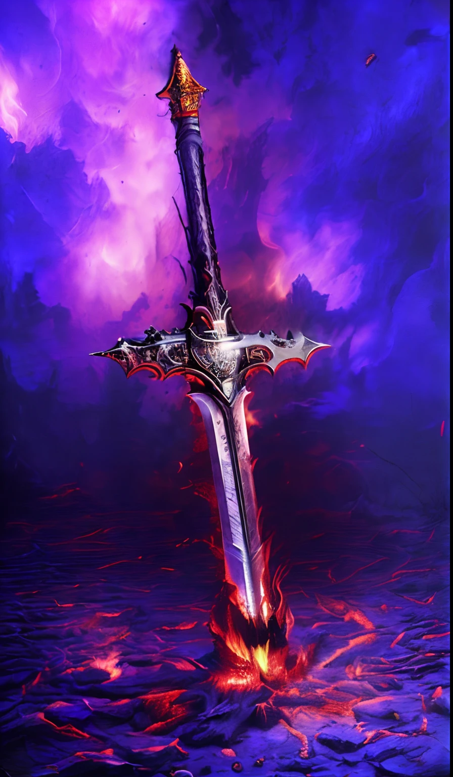 (obra-prima), (melhor qualidade), (ultra-detalhado), Cursed sword carved into the stone floor and lava, Bright blade in red, 8k