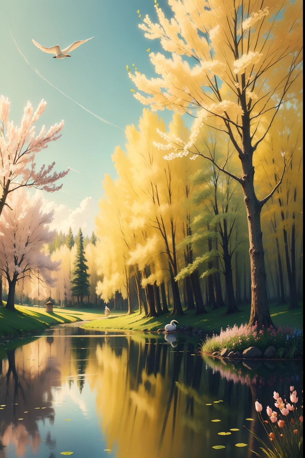 A painting of a springtime landscape, green trees and flowers, a swan in a pond, midday light.