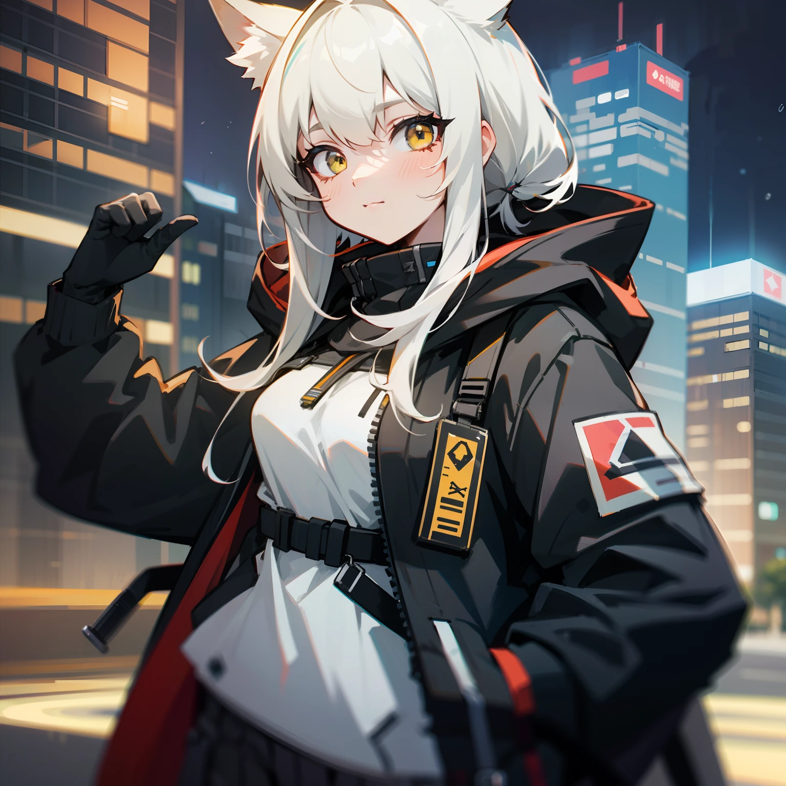 a close up of a person wearing hoodie, from arknights, from girls frontline, arknights, girls frontline style, anime style 4 k, anime girl with cat ears, kantai collection style, beautiful anime foxgirl, cute anime foxgirl, girls frontline universe, anime fox girl, high quality anime artstyle, foxgirl, detailed anime character art,white hair,cute,night city