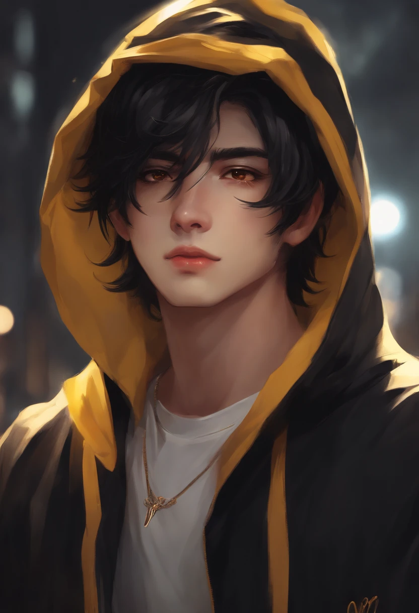 anime guy with yellow eyes and black hair in a black and yellow hoodie, a character portrait inspired by Bian Shoumin, pixiv contest winner, realism, high quality anime artstyle, artwork in the style of guweiz, digital anime illustration, anime style character, anime style portrait, male anime style, anime boy, highly detailed exquisite fanart, high quality fanart , brown eyes