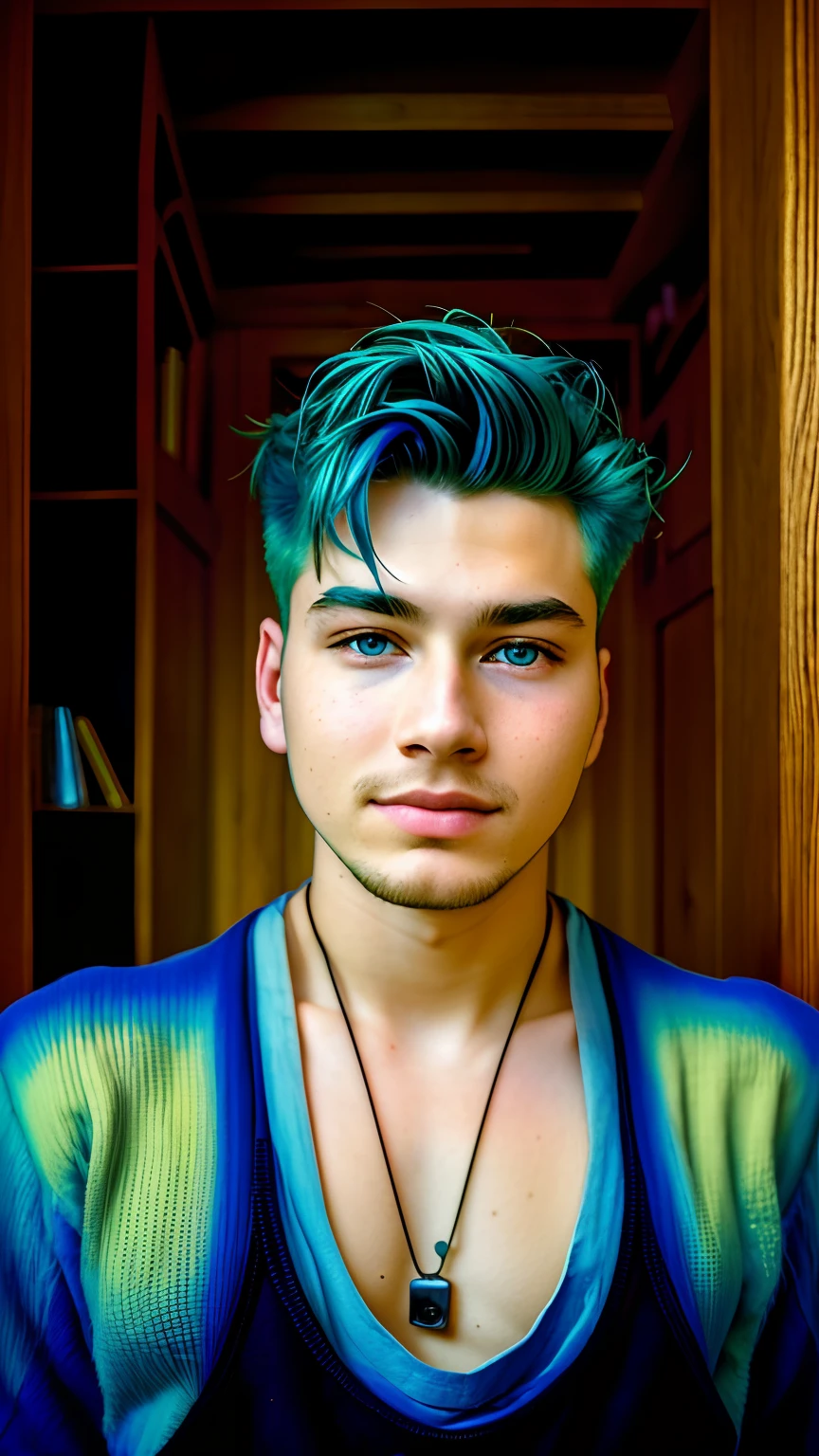 Best quality, masterpiece, ultra-high resolution, surrealism, firewood, moss piled in kitchen corner, an eighteen-year-old boy, blue hair, blue eyes, change background