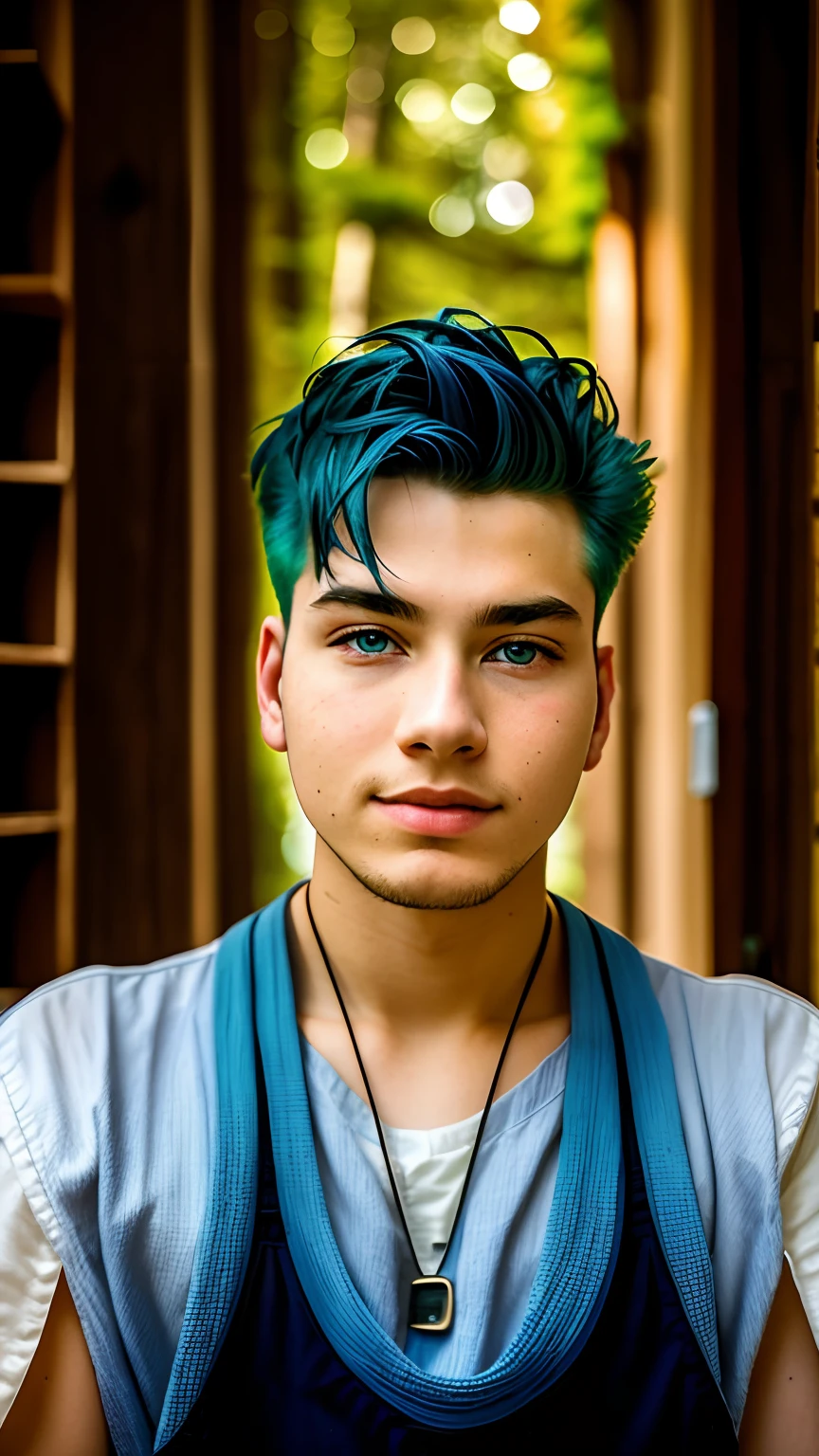 Best quality, masterpiece, ultra-high resolution, surrealism, firewood, moss piled in kitchen corner, an eighteen-year-old boy, blue hair, blue eyes, change background
