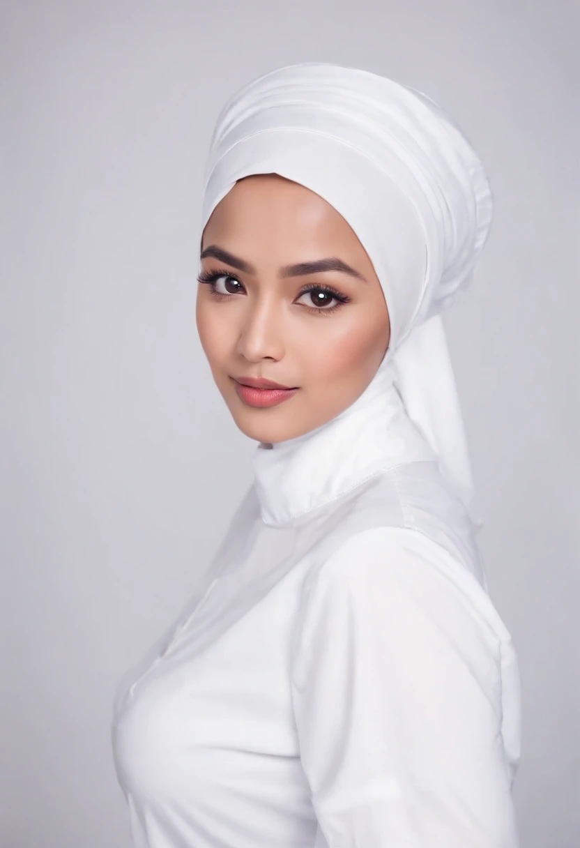 Beautiful young malay girl in hijab wearing very tight white nurse uniform with sexy pose, seducing pose, nurse hat, professional photography, hospital ward background, professional lighting, very tight outfit,