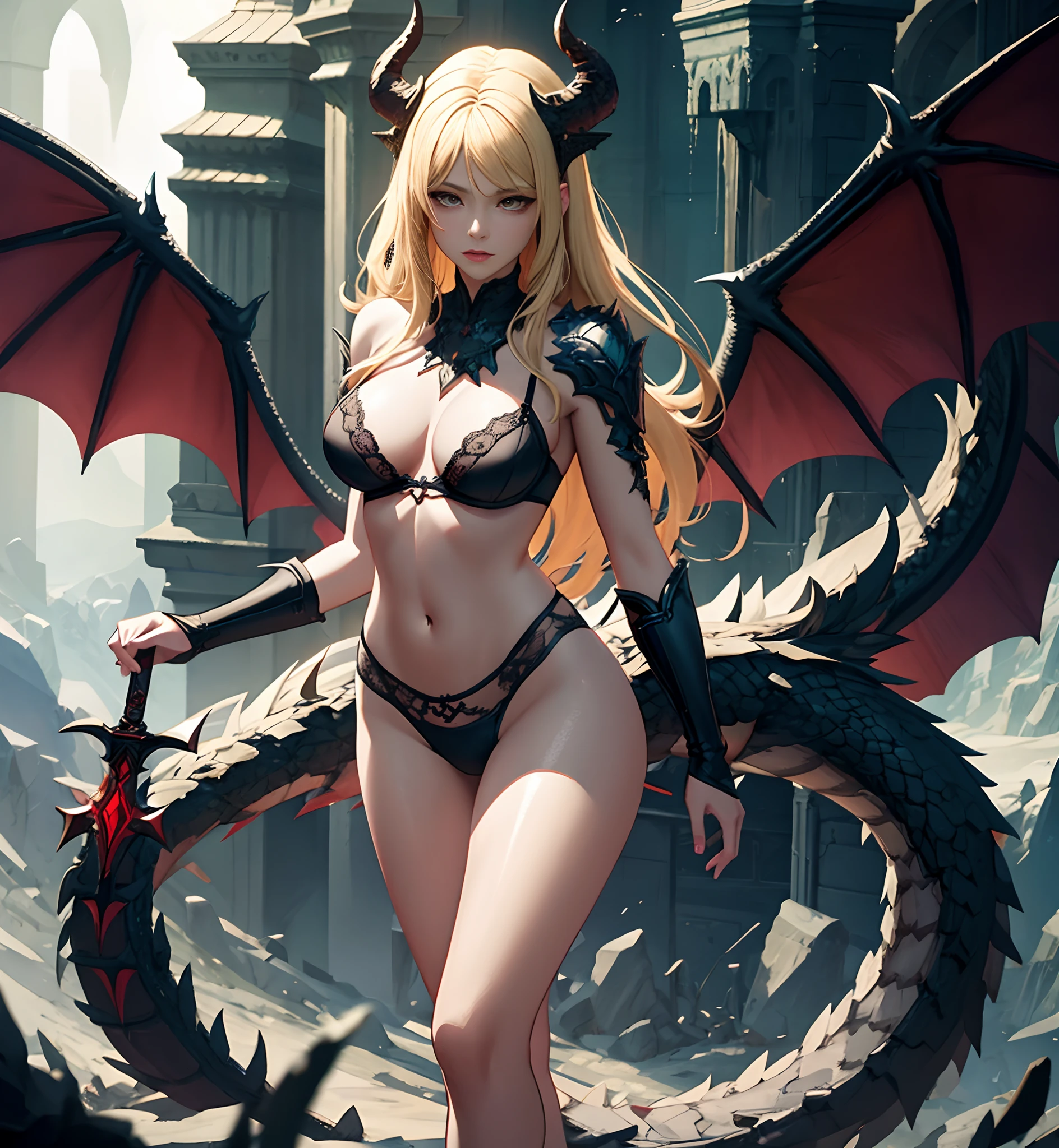 blond woman in a black lingerie with a dragon and a sword, dragon girl, epic fantasy art style, queen of dragons, epic fantasy digital art style, epic fantasy art style hd, ross tran 8 k, 4k fantasy art, beautiful succubus, 2. 5 d cgi anime fantasy artwork, fantasy art style, wlop and ross tran