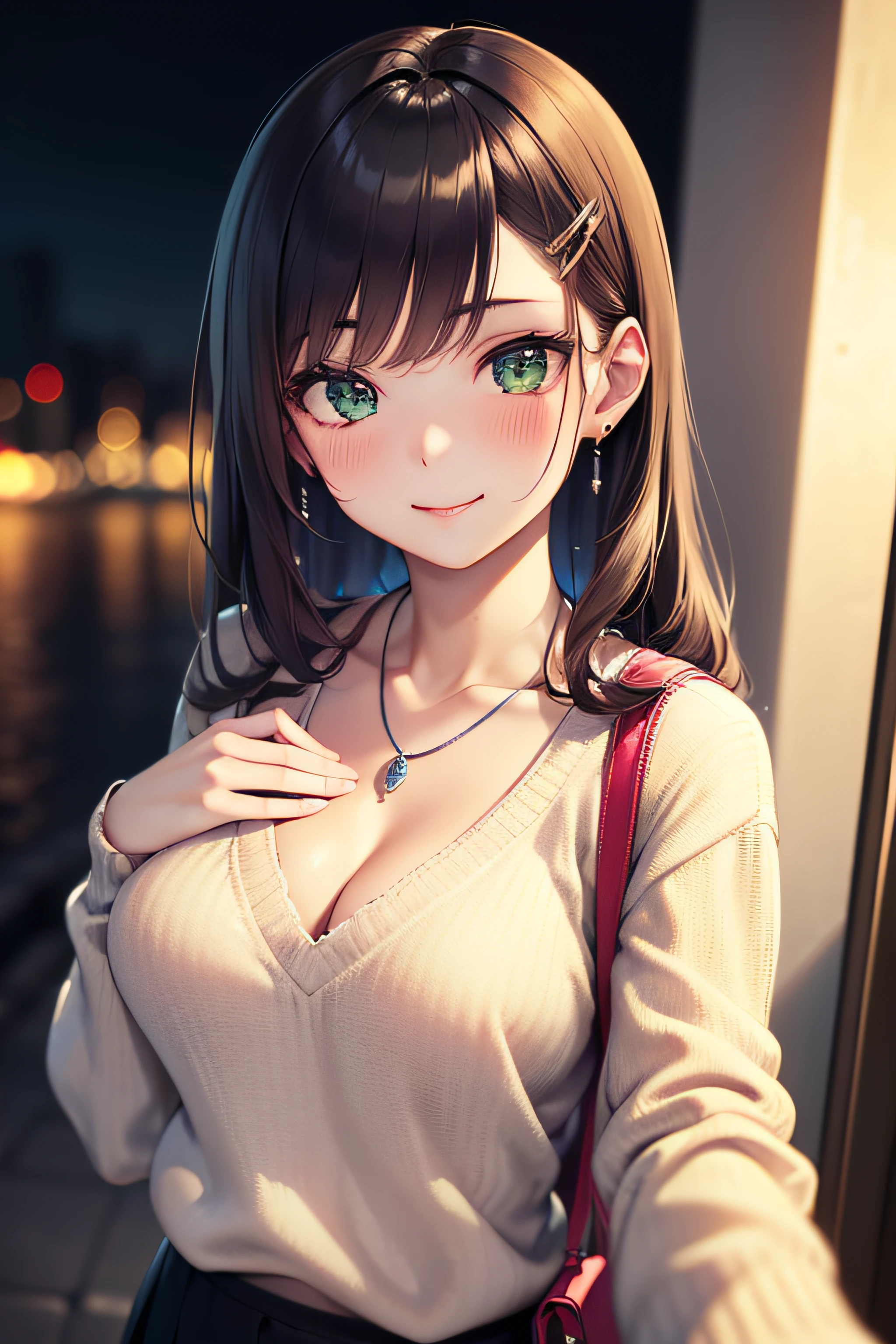 ((masterpiece, best quality, highres, UHD, perfect pixel, depth of field, 4k, RTX, HDR))), 1girl, single, solo, beautiful anime girl, beautiful artstyle, anime character, 24 years old, ((long hair, bangs, dark brown hair, curly hair:1.2, hair pin)), ((detailed face, blushing:1.2)), ((detailed eyes, anime eyes style, beautiful eyes, green eyes:1.8, sparkling effect)), ((smooth texture:0.75, realistic texture:0.5, anime CG style)), ((medium breasts, cleavage)), busty, perfect body, ((close up, POV, cute, shoot on face)), ((white sweater, skirt, visible bra from inside the sweater)), outdoor background, absurd background, bokeh:1.4, ((night, night lights)), ((minimalist necklace, silver necklace, fashionable))