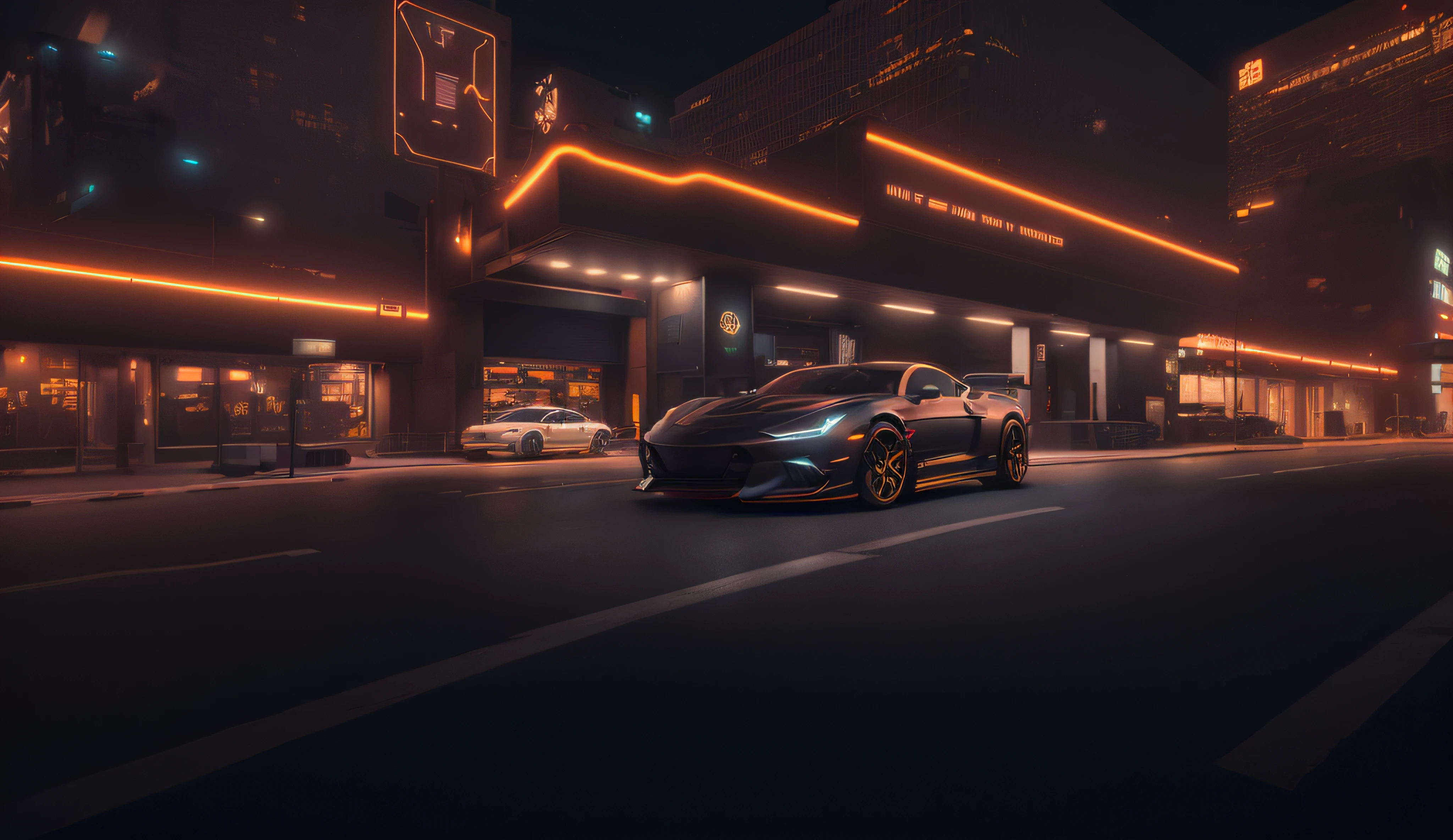 Cars are parked on the street in front of a building at night, No estilo de arte de Filip Hodas, inspirado em Mike Winkelmann, Octane CGsociety, daily render, photorealistic render in octane, daniel maidman octane rendering, renderizado no lumion pro, cinematic shot ar 9:16 -n 6 -g, cinematic neon matte painting