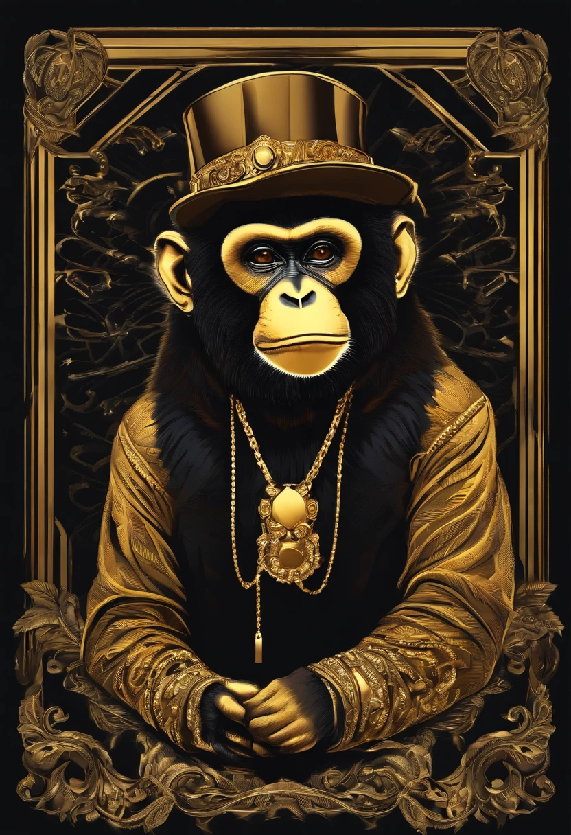 /imagine prompt: hiphop monkey illustration for a sticker with a black background, gold chain, in bold outline style, jagged edges,